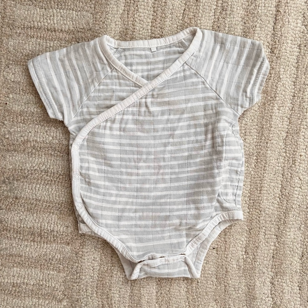 Gray and white muslin wrap onesie